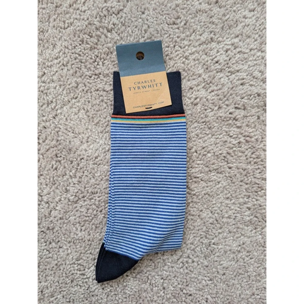 NWT Charles Tyrwhitt Socks Size M6-10 Cobalt Blue And Sky Stripe Cotton Blend
